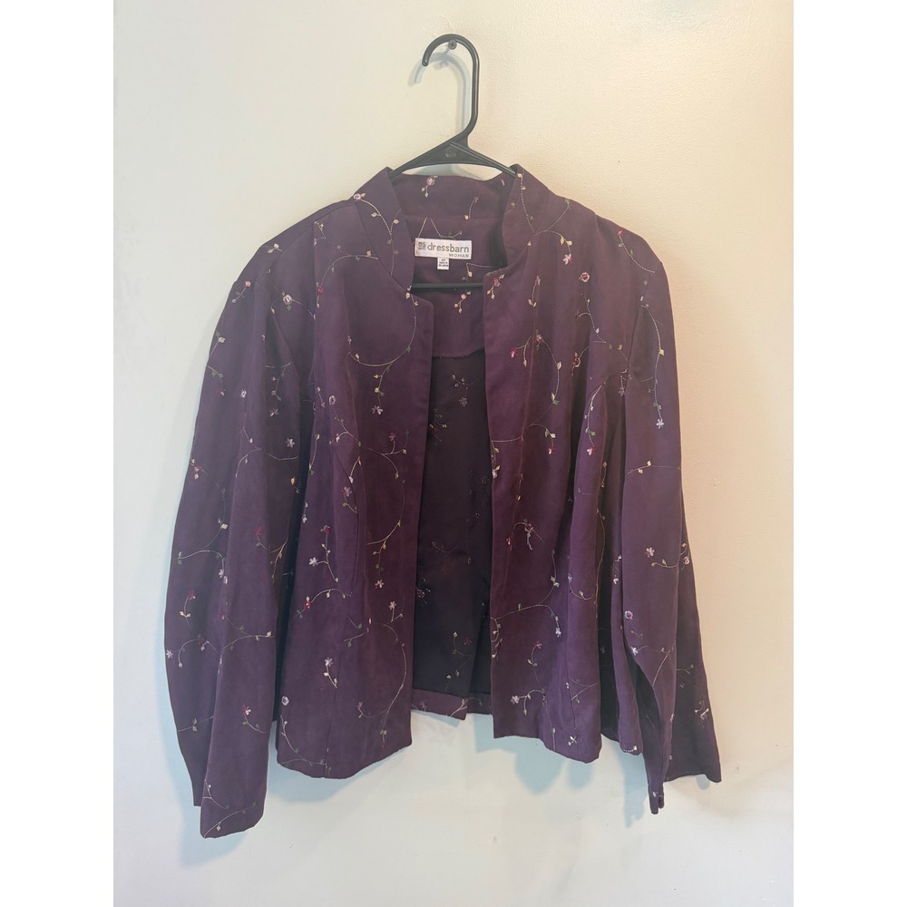Dressbarn Woman Plum Purple Faux Suede Embroidered Floral Jacket Blazer 16W